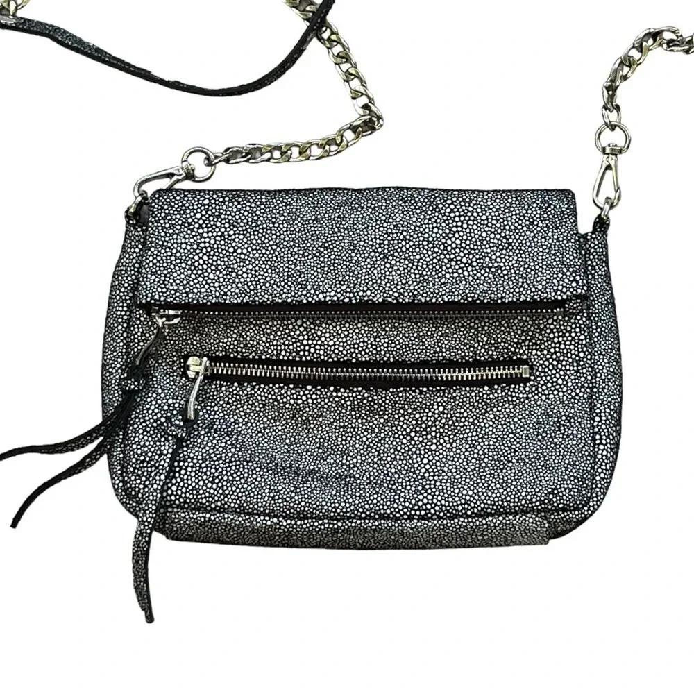 Sorial Black and White Pebbled/Dot Shimmer Crossbody Silver Chain Strap - Picture 2 of 13